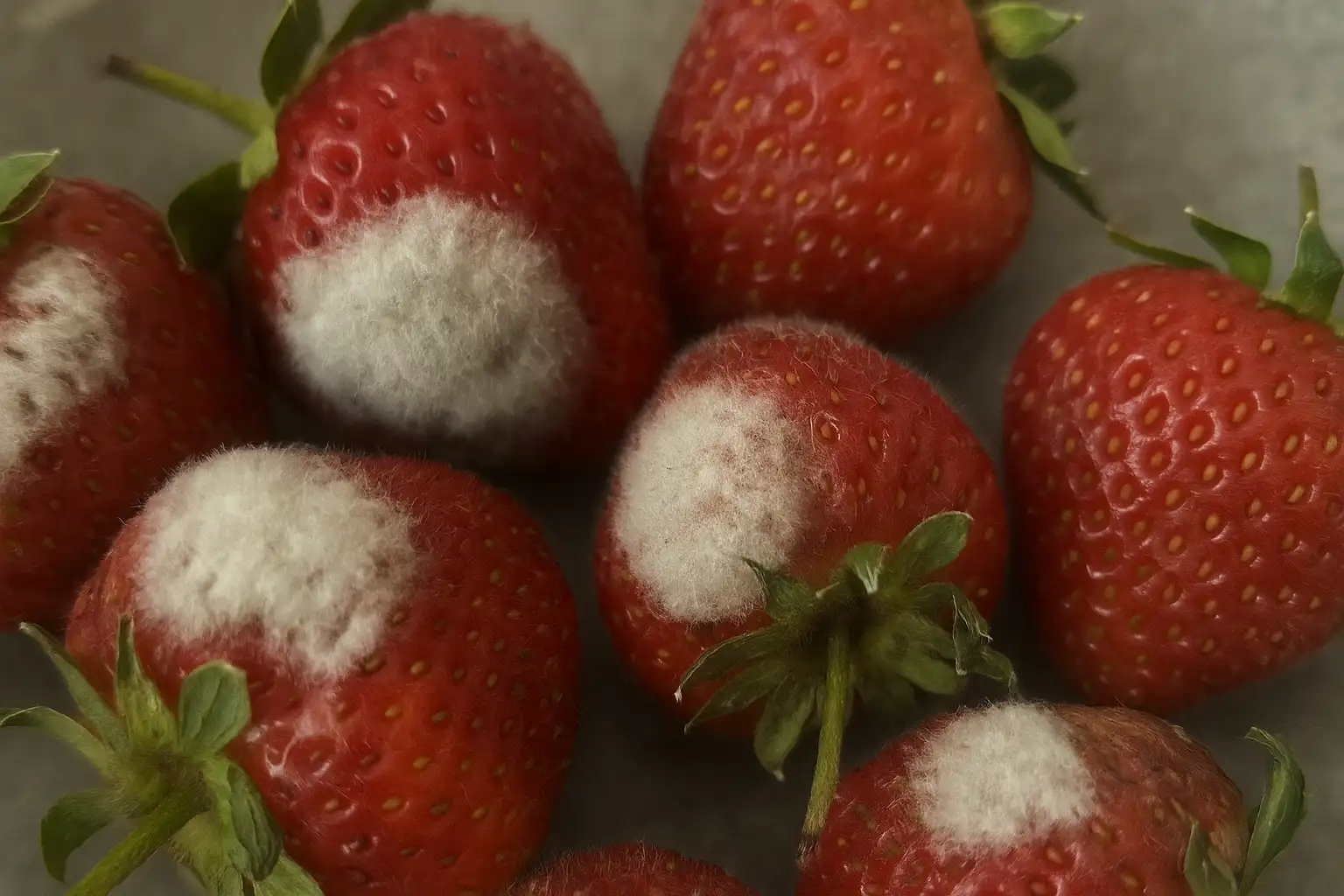 Moldy strawberries showing white fuzzy growth